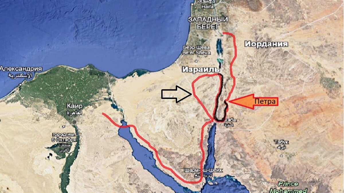 Путь Моисея с его народом. Редакция карты автора. Карты Googl