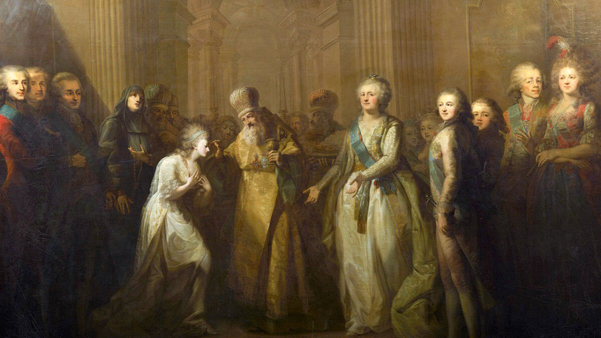 Миропомазание великой княгини Елизаветы Алексеевны. Худ. Е. Мошков (1795). На картине изображены (справа налево): вел. кн. Мария Фёдоровна, цесаревич Павел Петрович, вел. кн. Константин и Александр, императрица Екатерина II, митрополит Гавриил, принцесса Луиза, игуменья А. Шубина, А. Безбородко, П. Зубов, А. Будберг (фото из интернета; здесь как иллюстрация)
