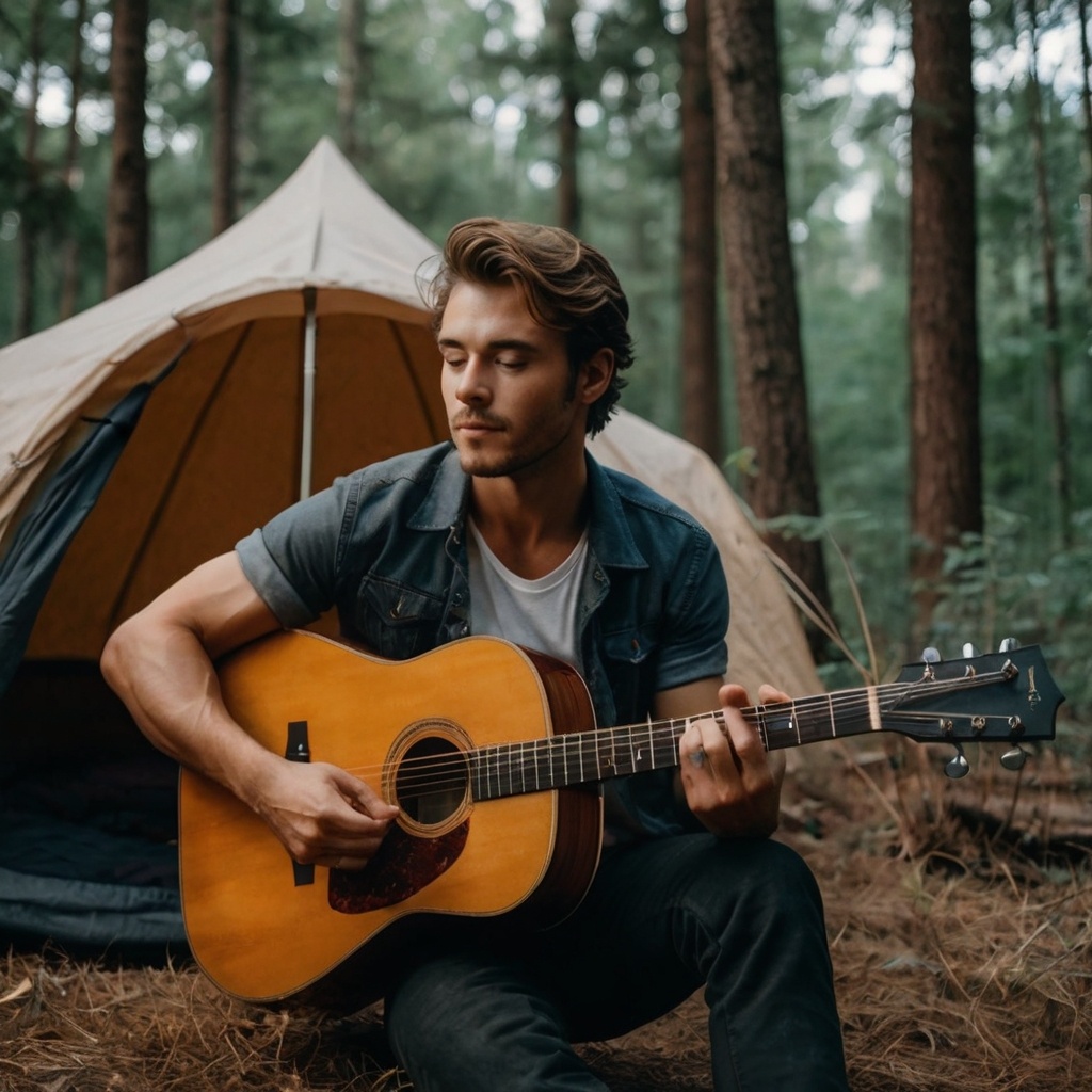 Мужчина с гитарой в лесу, турист.