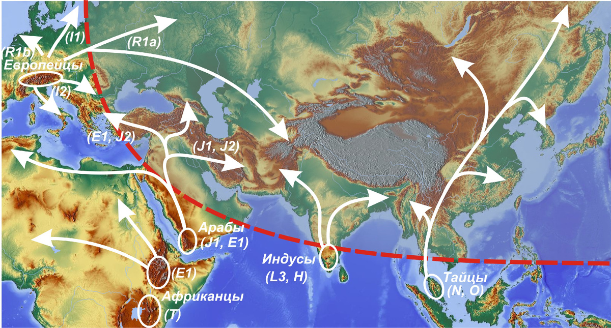 Схема послепотопного расселения народов в Африке и Евразии. Красный пунктир показывает край ареала разрежения атмосферы, внутри которого люди почти мгновенно погибли от асфиксии; белые стрелки – основные направление расселения выживших народов; в скобках приведены их  преобладающие Y-ДНК гаплогруппы.