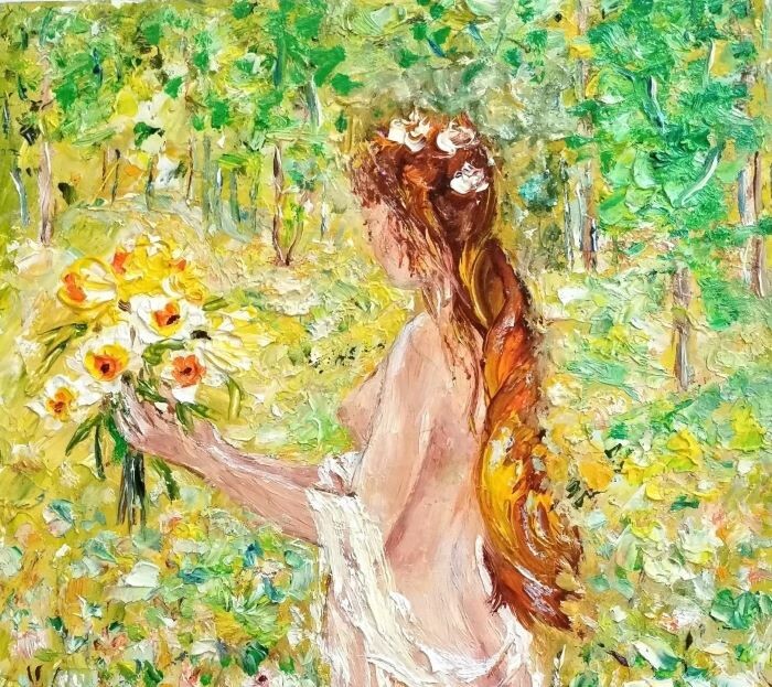 фрагмент картины Девушка с нарциссами, 20х15 см, картон, масло. худ. Любовь Прусик. Фото автора