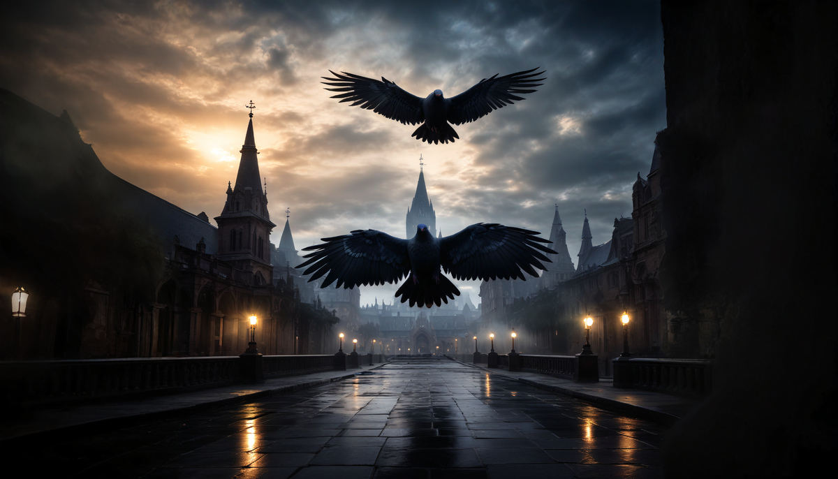 Два ворона пролетают в небе над длинной аллеей, окруженной стенами замка Дракона