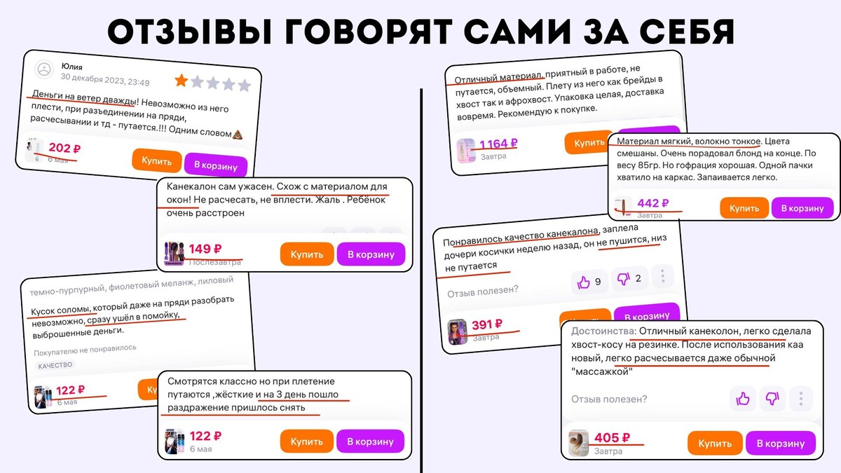 Отзывы с маркетплейсов: внимание на стоимость материала и на качество