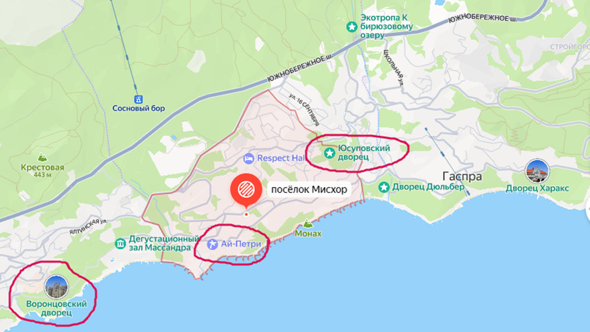 Крым. Мисхор. "Русалка". На карте отмечены кружками места, где я побывала.
