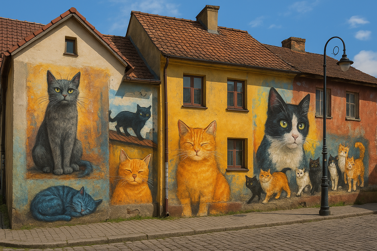 Так представляет себе Зеленоградск (город кошек) нейросеть, но на самом деле в этом городе очень много артов с котами на стенах зданий