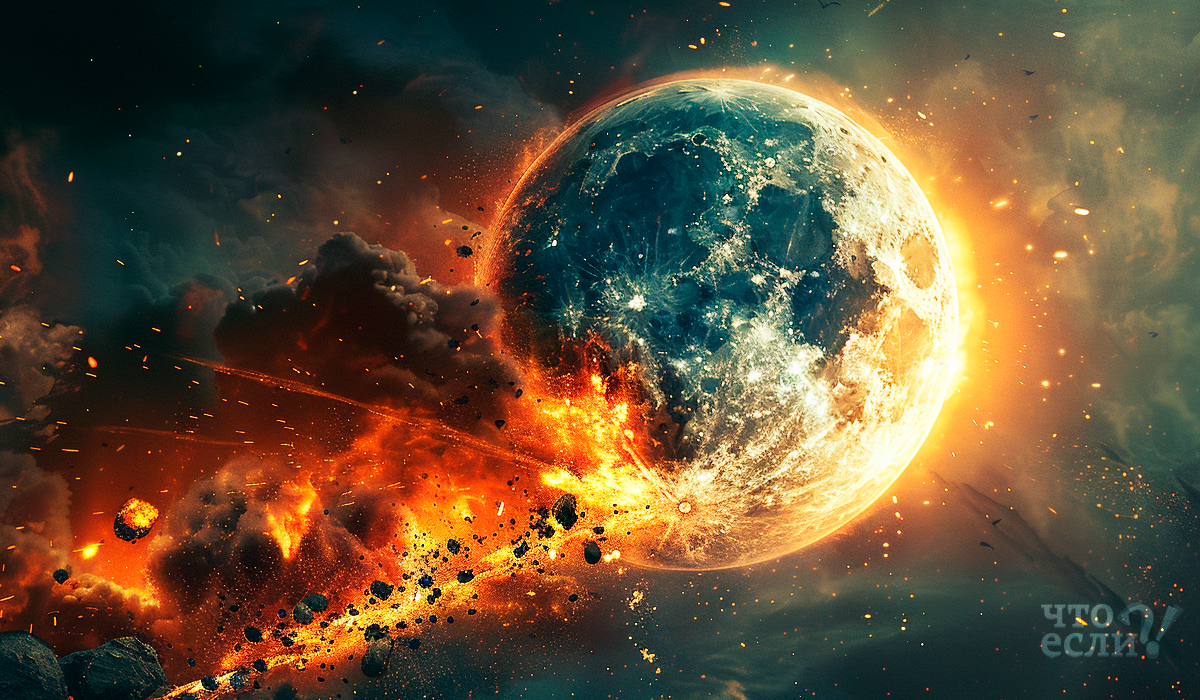 Как может выглядеть вероятное столкновение кометы Галлея с Луной? Красивое и в то же время ужасающее событие.