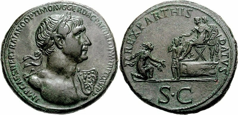 Сестерций императора Траяна (116-117 гг. н.э.) // Источник: Wikimedia Commons (Classical Numismatic Group, Inc., CC BY-SA 2.5) https://commons.wikimedia.org/wiki/File:TRAIANUS_RIC_II_668-75001044.jpg