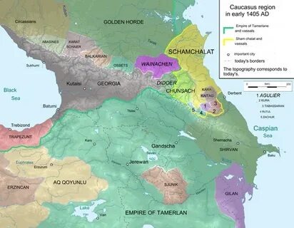 Карта Кавказа, жёлтым цветом нарисована территория Шамхалат