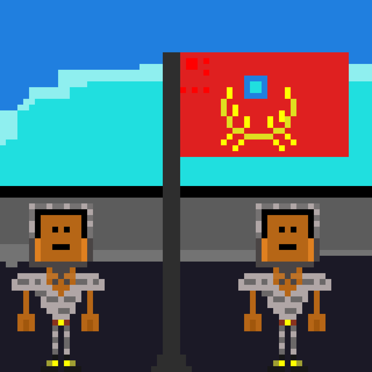 После открытия 1-х врат планета земля полность объединилась в единое государство  под названием портальная империя. На иллюстрации вы видите, как два солдата портальной империи стоят возле пластикового флага ПИ.