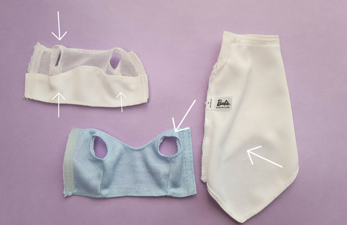 Стрелочками показано, где нет боковых и плечевых швов.