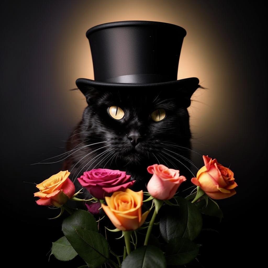 Кот с букетом роз