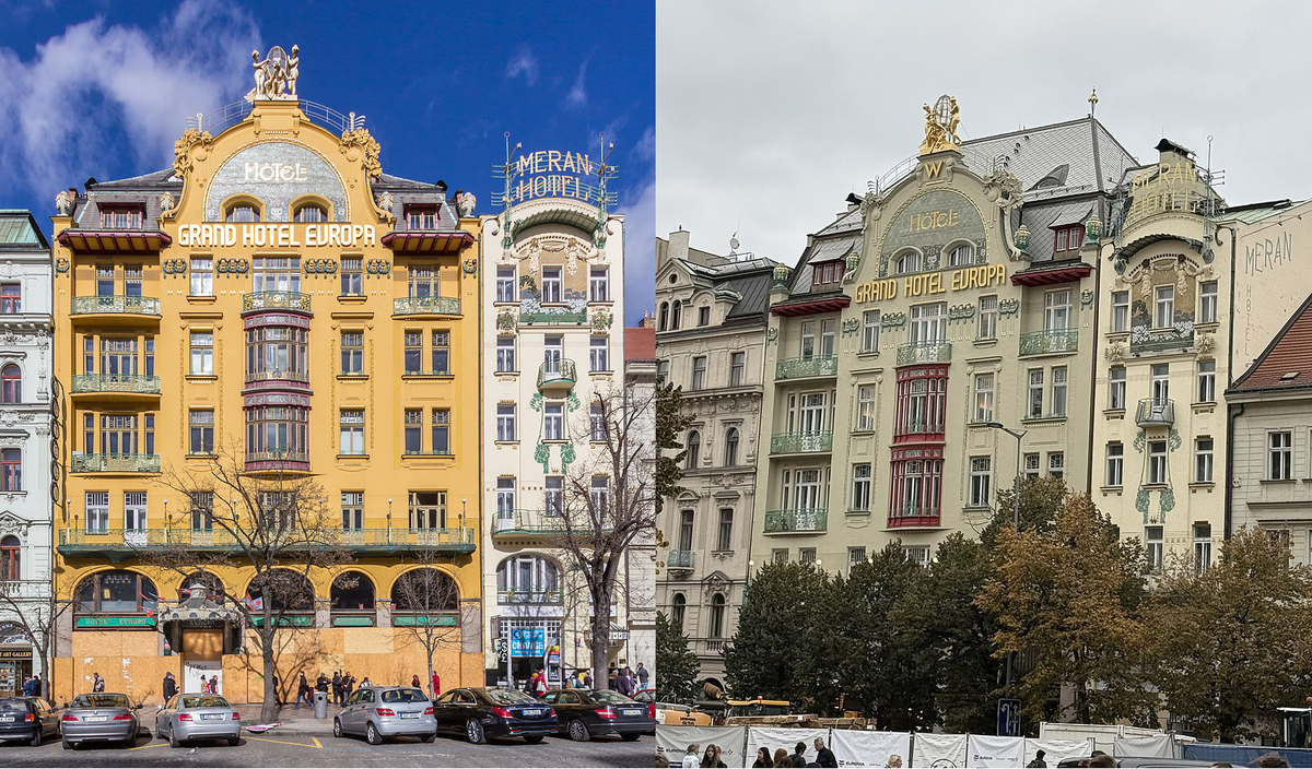 "Гранд Отель Европа" до реконструкции и сейчас. Обратите внимание, на снимке справа в верхней части отеля появилась буква W. В конце статьи расказываю, откуда она взялась.