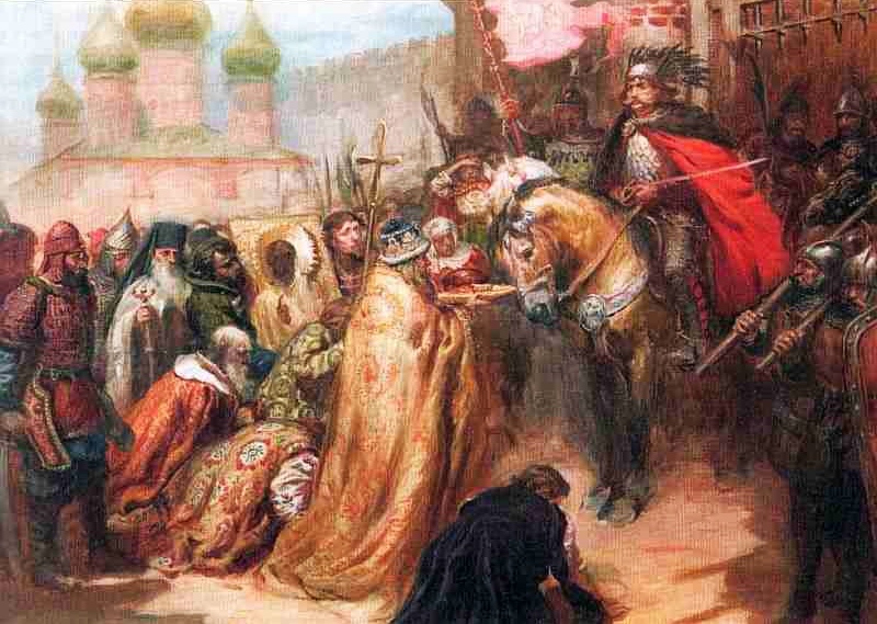 «Вступление  Лжедмитрия  в  Москву» (Я. Матейко).
Любопытно – что  это  за  храм  с  зелёными  куполами  в  Московском  Кремле? Не  похоже  ни  на  один  из  кремлёвских  соборов. Вероятно, польский  художник  Ян  Матейко (1838 – 93) никогда  не  был  в  Москве. Да  и  то  верно: зачем живописцу польской исторической фантастики достоверность? Русский  (кривдо)историк со-чинил – польский  художник  исполнил. По  части  живописи  есть  претензии? – Нет. Люди  изображены  реали-стично.