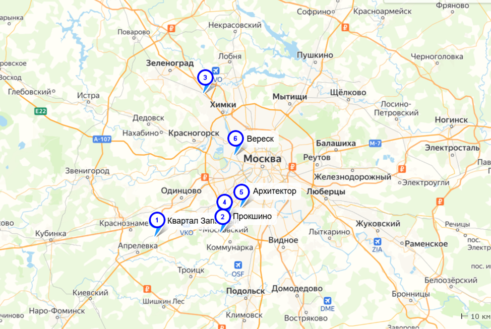 Расшифровка расположения ЖК по номерам: 1. Квартал Западный. 2. Прокшино. 3. Молжаниново. 4. Квартал Румянцево. 5. Архитектор. 6. Вереск.