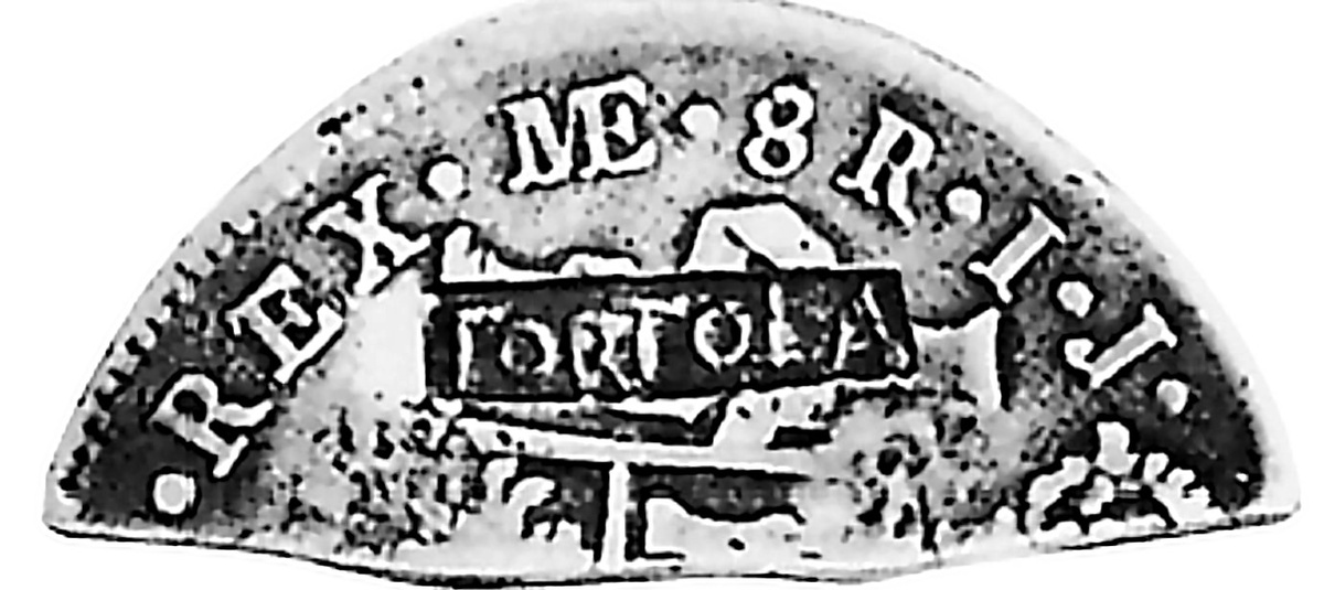 Кусок монеты испанских колоний в Америке с надчеканом "TORTOLA". 