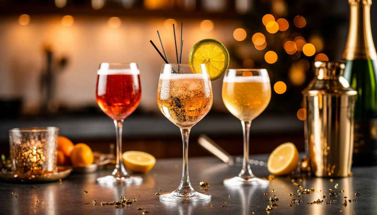 Мы рекомендуем встретить Новый год с классическим бокалом игристого — неразбавленным или в одном из этих шикарных коктейлей с шампанским