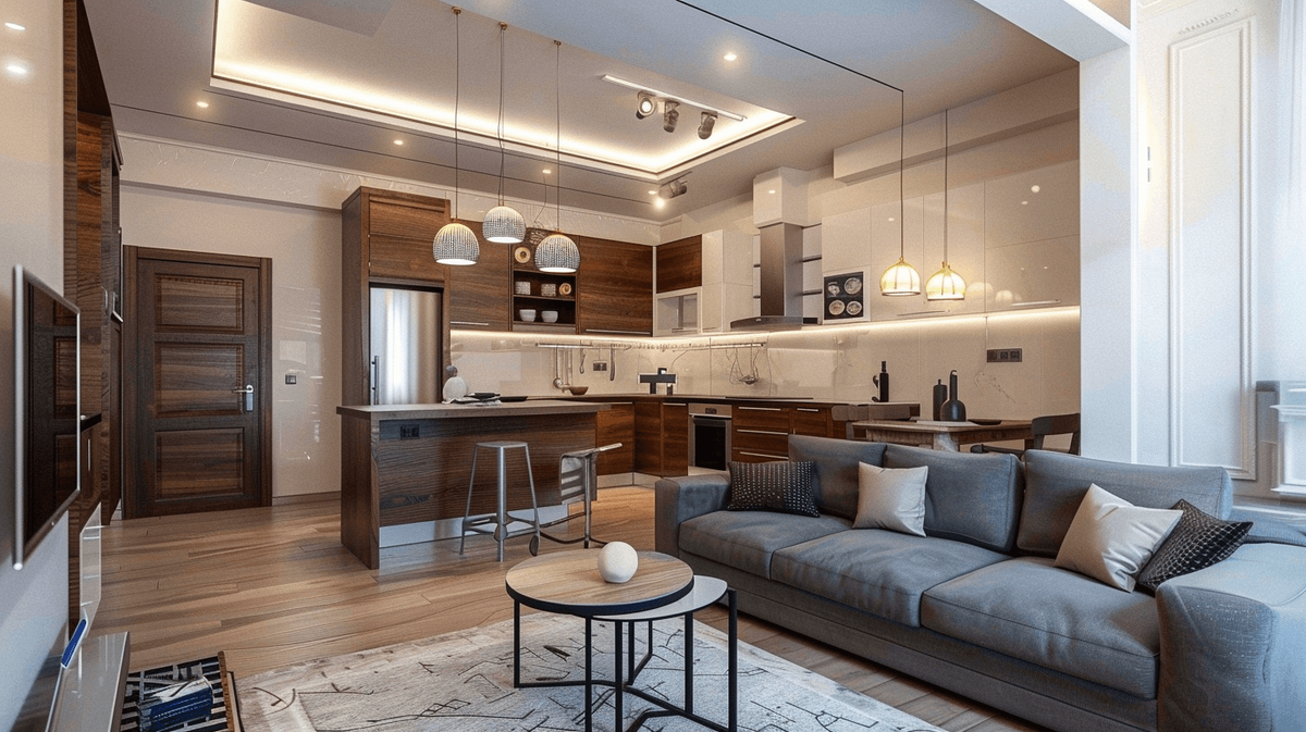 Кухня, объединенная с гостинной. Изображение сгенерировано с помощью нейросети Midjourney