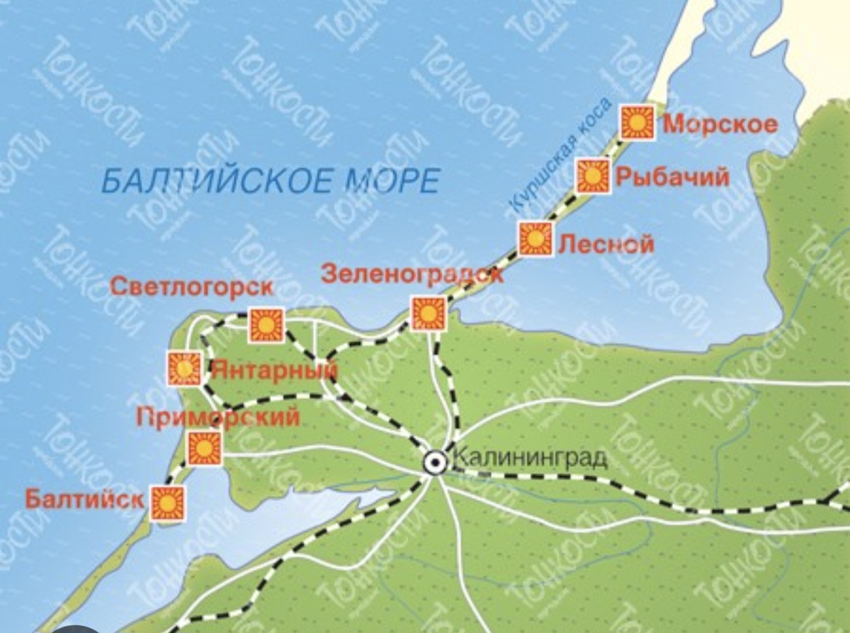Приморские населённые пункты Калининградской области (кстати, на этой карте, взятой из интернета есть ошибка. Не Приморский-а Приморск)