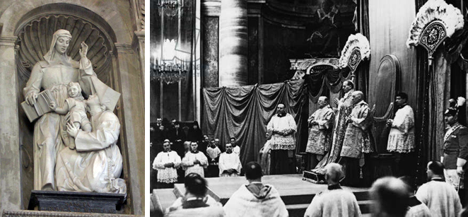 Папа Пий XI (1857–1939) во время канонизации Луизы де Марильяк, соосновательницы конгрегации дочерей милосердия и сподвижница святого Викентия де Поля. На этой церемонии в соборе Святого Петра, чествовали Луизу де Марильяк, соучредительницу организации «Дочери милосердия». Сегодня Святая Луиза - покровительница социальных работников