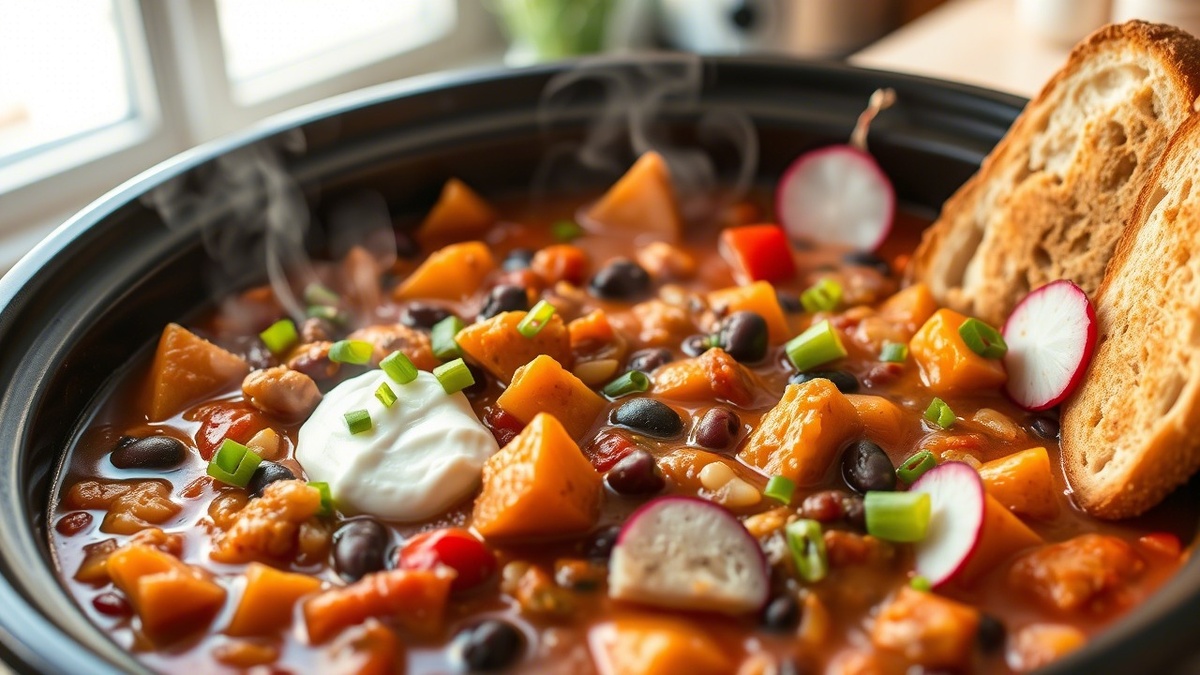 Это сытное вегетарианское чили со сладким картофелем, болгарским перцем и разнообразными бобовыми обязательно насытит вас белком и подарит тёплые уютные чувства