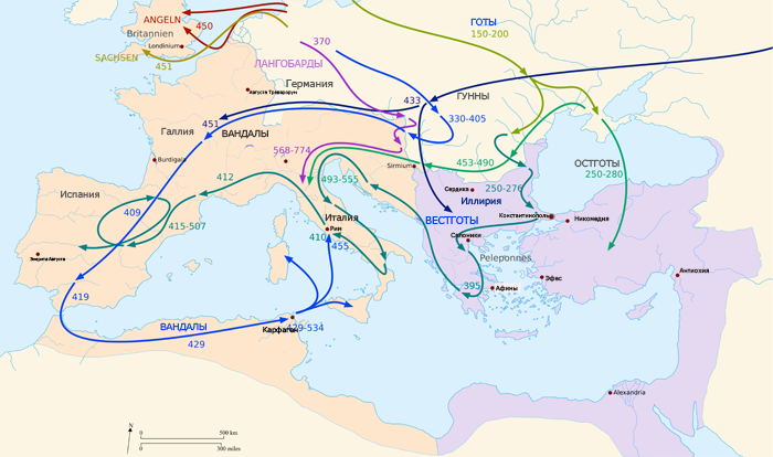 Карта примерного расселения варварских народов на территории Западной Римской империи во времена Великого переселения народов. Поздний период римской миграции Источник: Eigenes Werk