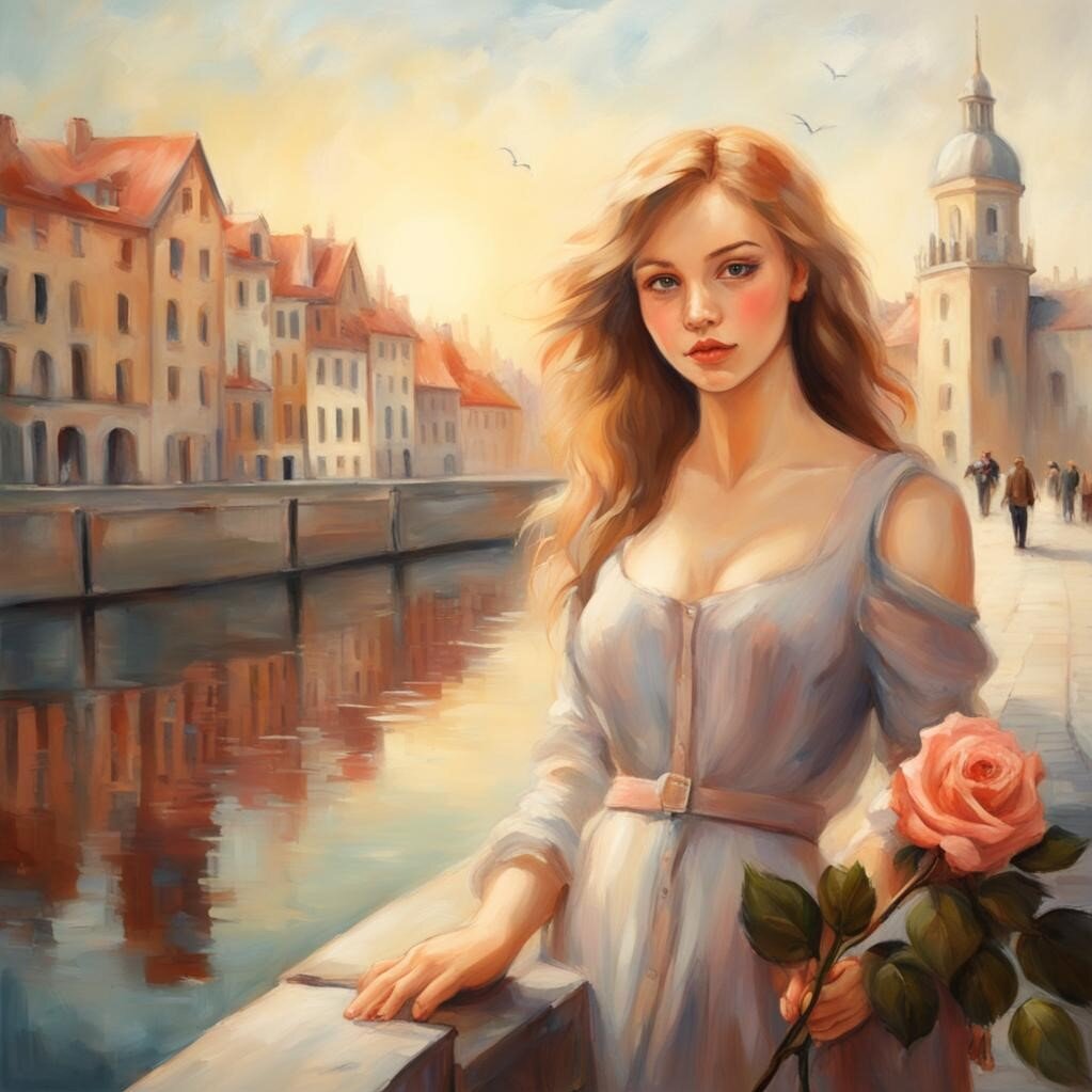 Девушка с розой. Вода. Холст. Масло. Картинка создана нейросетью.