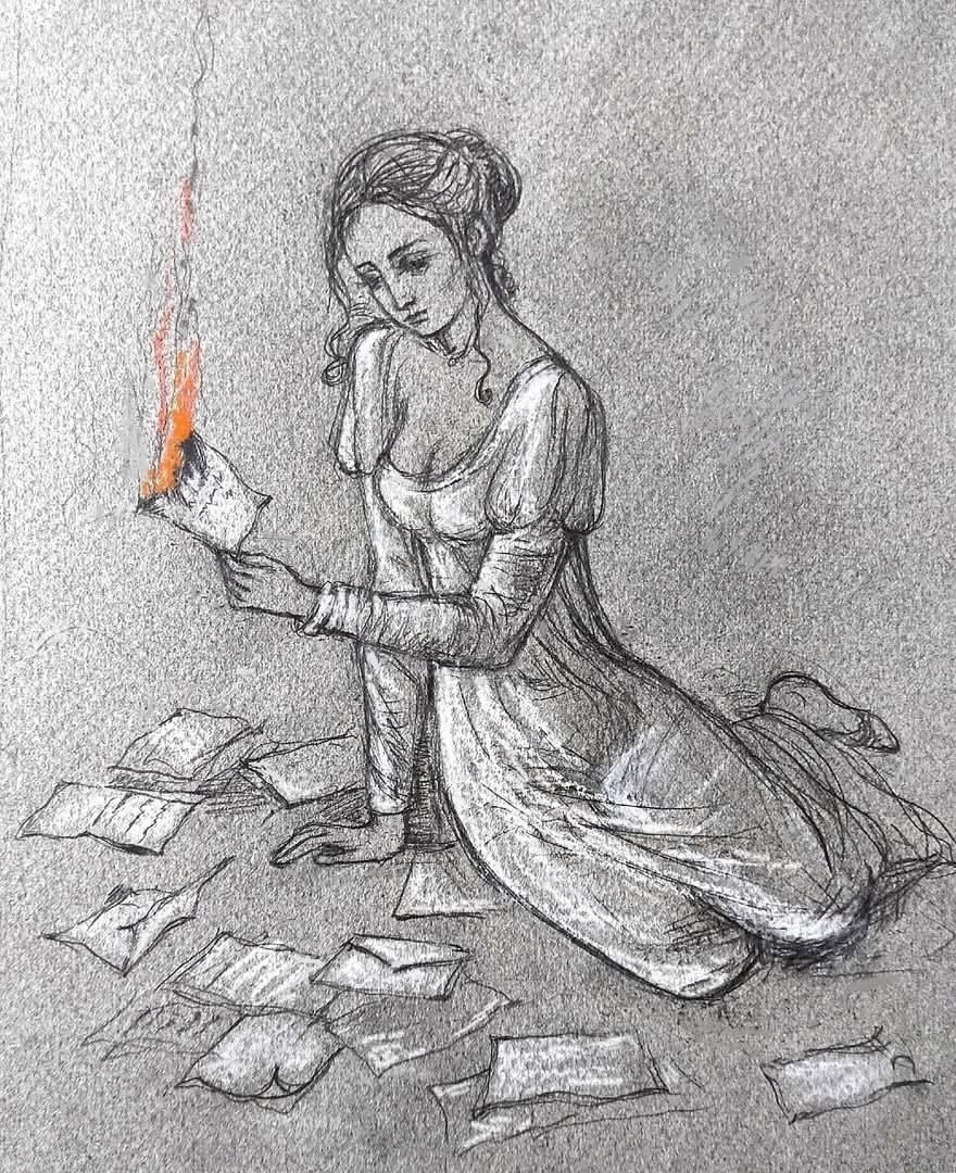 Фёдор Тютчев ♦

Рисунок Наталии Збарской
♦
Она сидела на полу
И груду писем разбирала,
И, как остывшуюся золу,
Брала их в руки и бросала.
♦
Брала знакомые листы
И чудно так на них глядела,
Как души смотрят с высоты
На ими брошенное тело...
♦
И сколько жизни было тут,
Невозвратимо пережитой!
И сколько горестных минут,
Любви и радости убитой!...
♦
Стоял я молча в стороне
И пасть готов был на колени, -
И страшно - грустно стало мне,
Как от присущей милой тени...  ♦ https://www.facebook.com/groups/990435968935327/posts/1410866340225619/