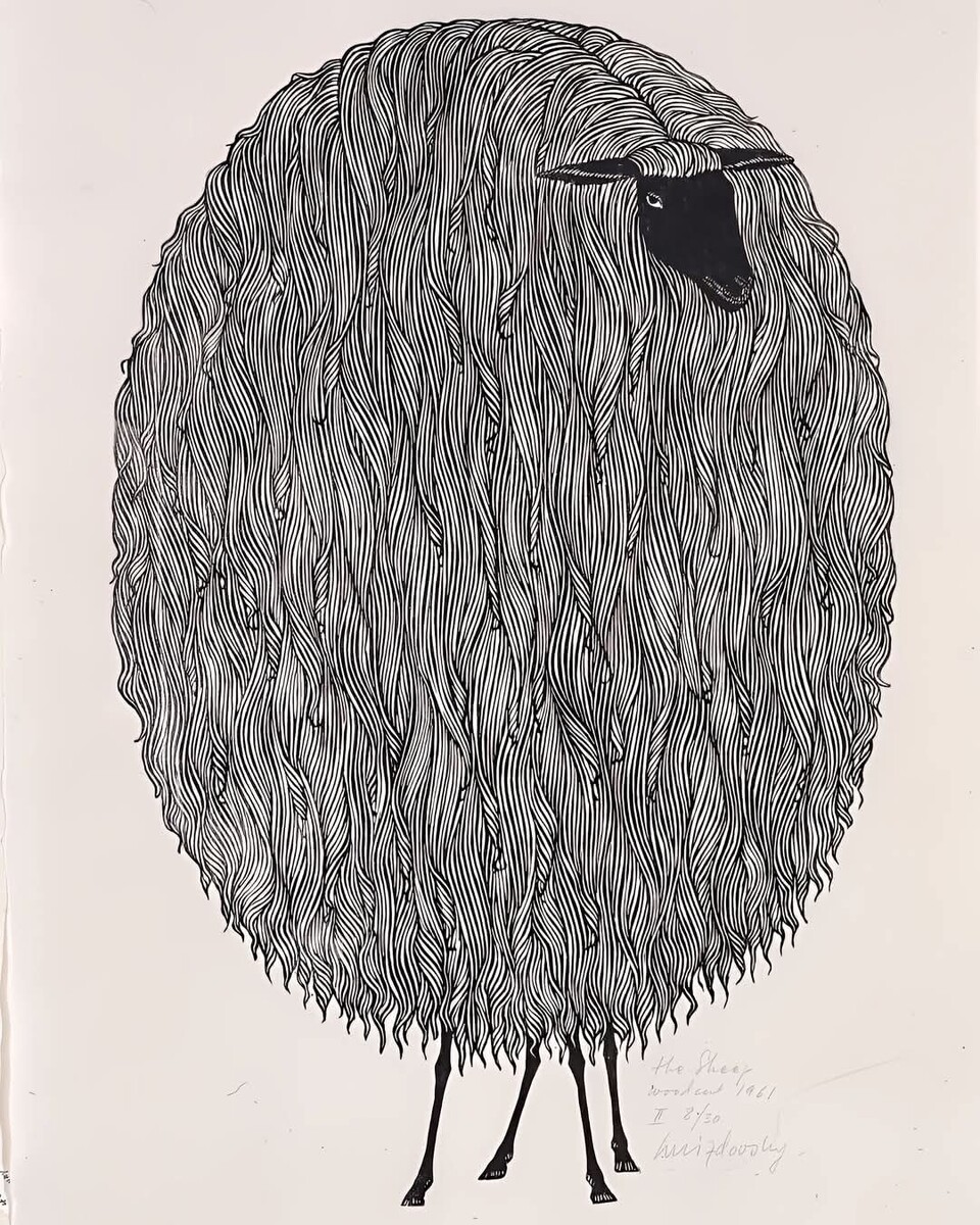 Изображая овцу с увеличенным туловищем; ♦ Jacques Hnizdovsky⁣ 
The Sheep⁣ 1961  ♦

    Жак Гниздовский
    Овцы 1961 ♦  https://www.facebook.com/marisol.lopezgarcia1/posts/pfbid025aFYvjNZn4CA1u37wPqWHUNDugSk4dQKrZFLdv6n8KM3M6tuX77m88Zs8aiqYoUPl