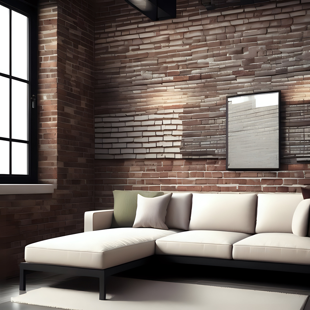 Кирпичная стена - отличный фон для мебели в белых тонах