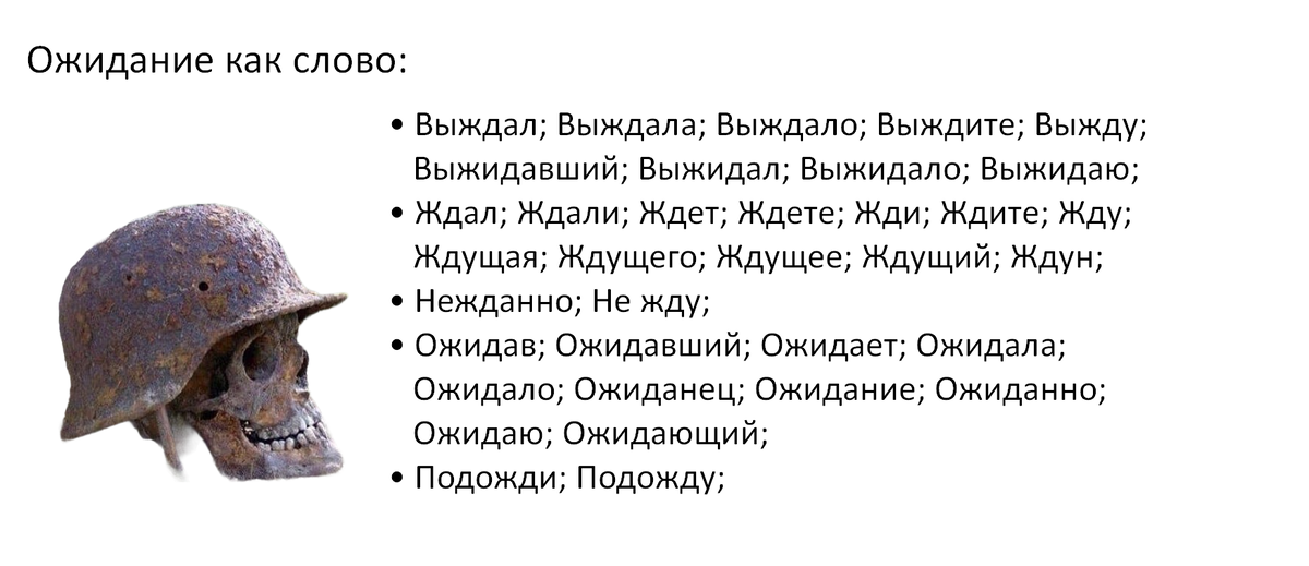 Ожидание как слово ♦ Выждал; Выждала; Выждало; Выждите; Выжду;
Выжидавший; Выжидал; Выжидало; Выжидаю;
• Ждал; Ждали; Ждет; Ждете; Жди; Ждите; Жду;
Ждущая; Ждущего; Ждущее; Ждущий; Ждун;
• Нежданно; Не жду;
• Ожидав; Ожидавший; Ожидает; Ожидала;
Ожидало; Ожиданец; Ожидание; Ожиданно;
Ожидаю; Ожидающий;
• Подожди; Подождите; Подожду;

