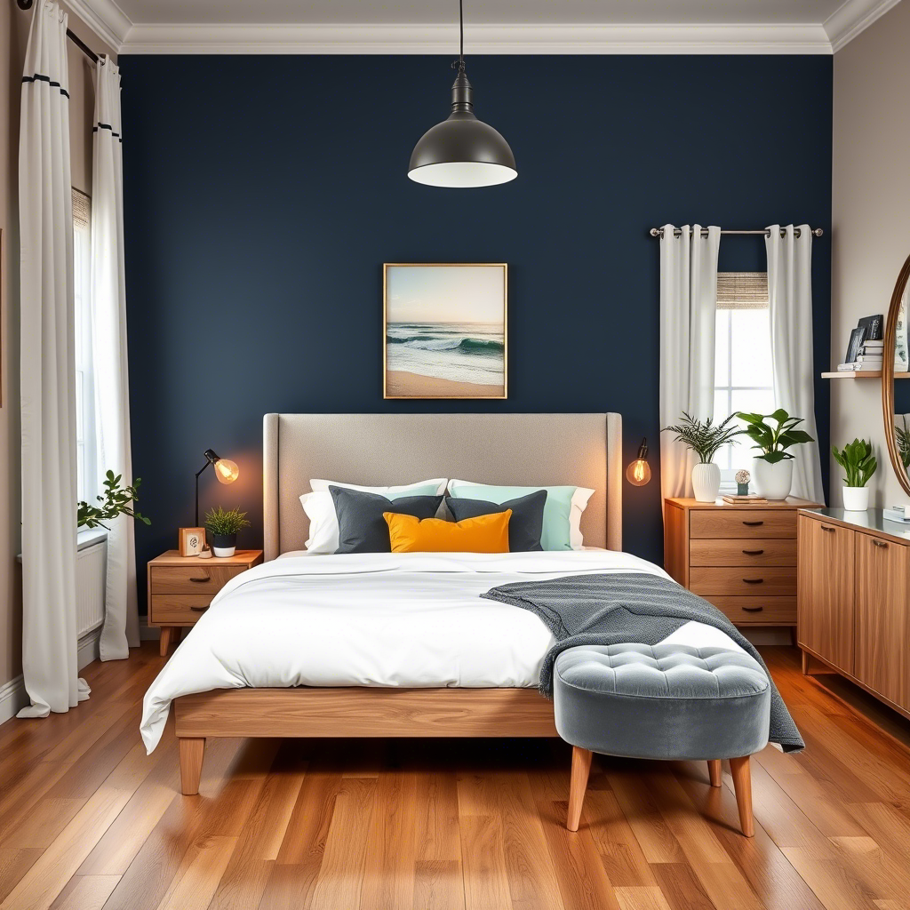 Глубокий индиго перкрасно гармонирует с молочным, нежно-серым и цветом наурального дерева