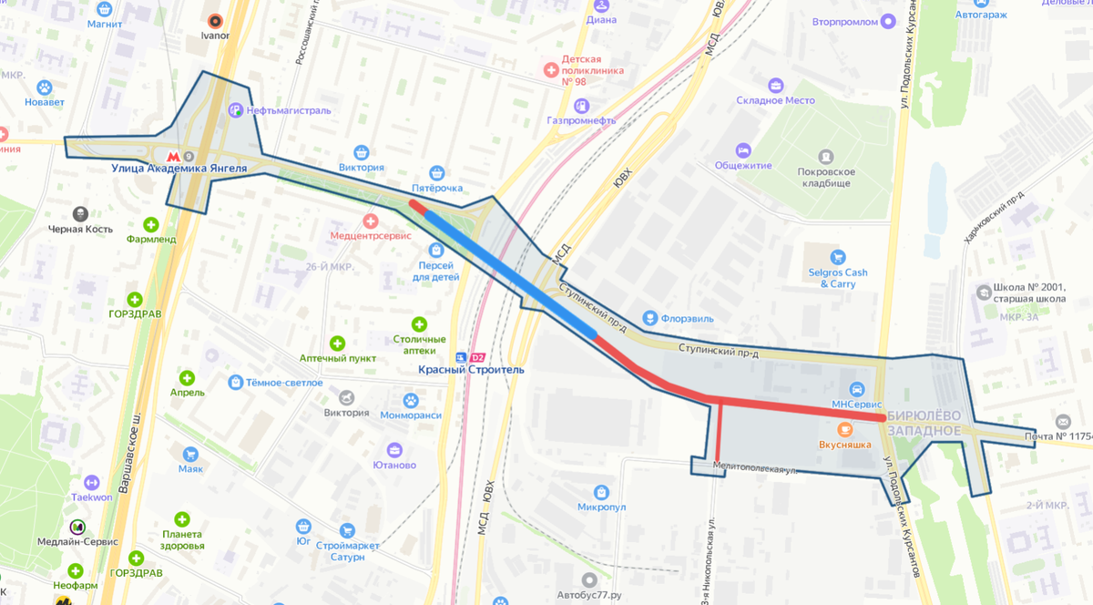Границы подготовки проекта планировки «участок улично-дорожной сети от Россошанской улицы до улицы Подольских Курсантов» (путепровод «Россошанская - Харьковская»).