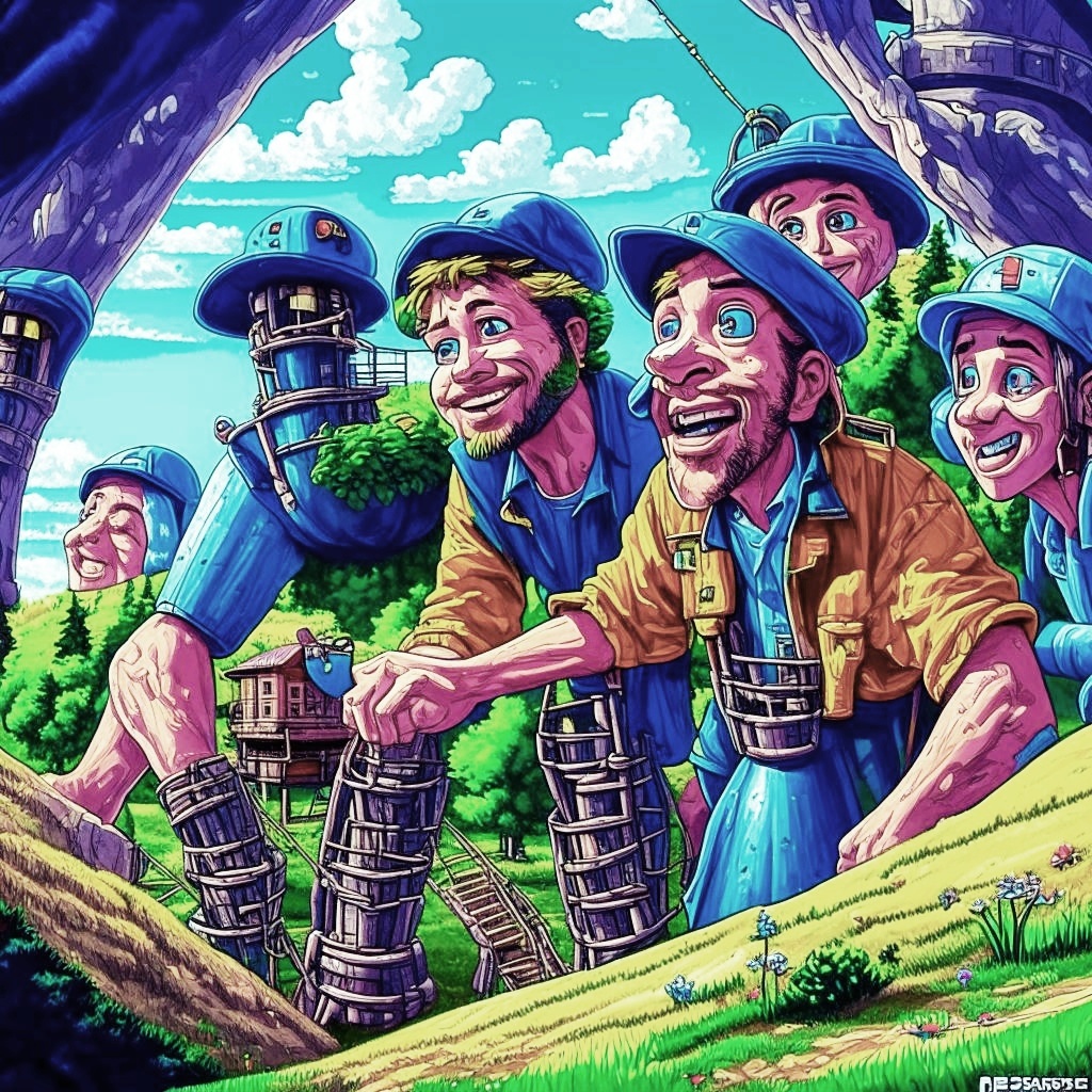 Команда бурильщиков в поисках приключений. Кругозор Проектировщика. Сгенерировано Kandisky