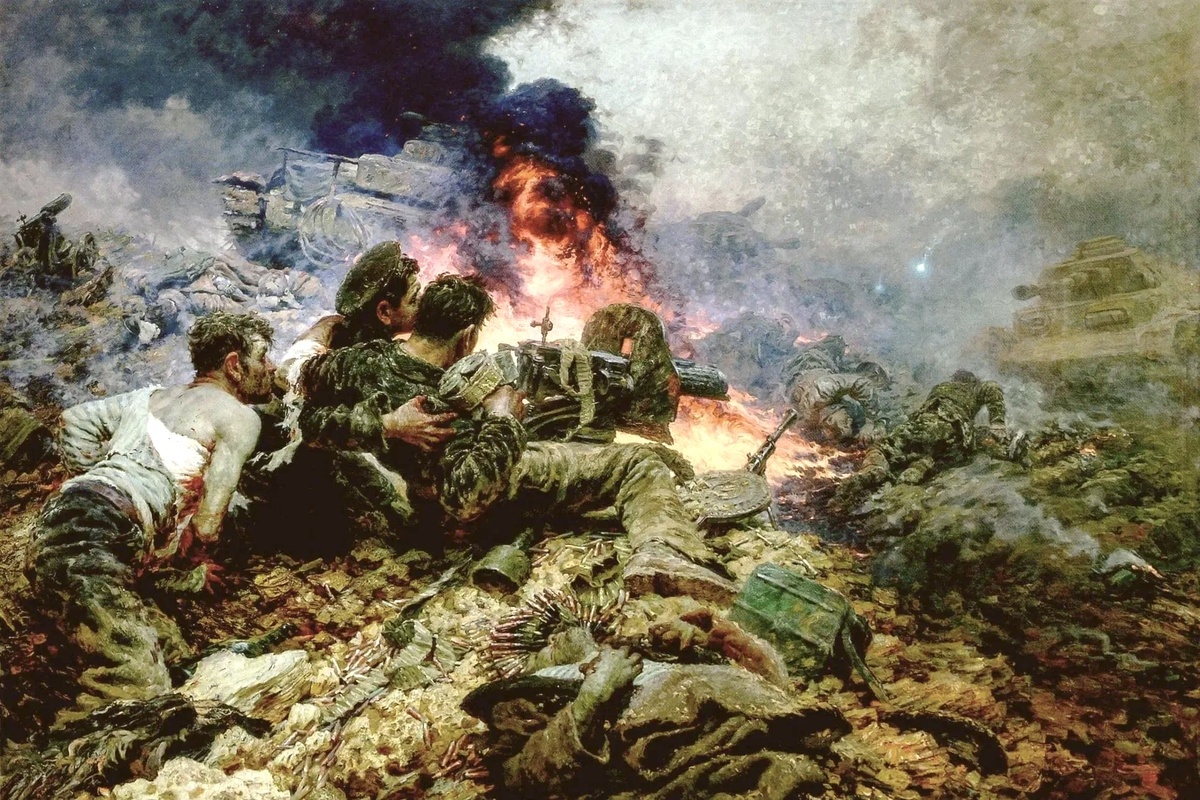 Подвиг пяти черноморцев. 1948 год. Холст, масло. 200 х 296