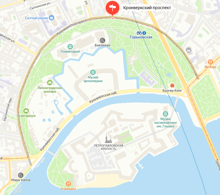 Необычная траектория проспекта объясняется формой эспланады. На карте также можно наблюдать и сам кронверк - ныне в нём располагается музей артиллерии