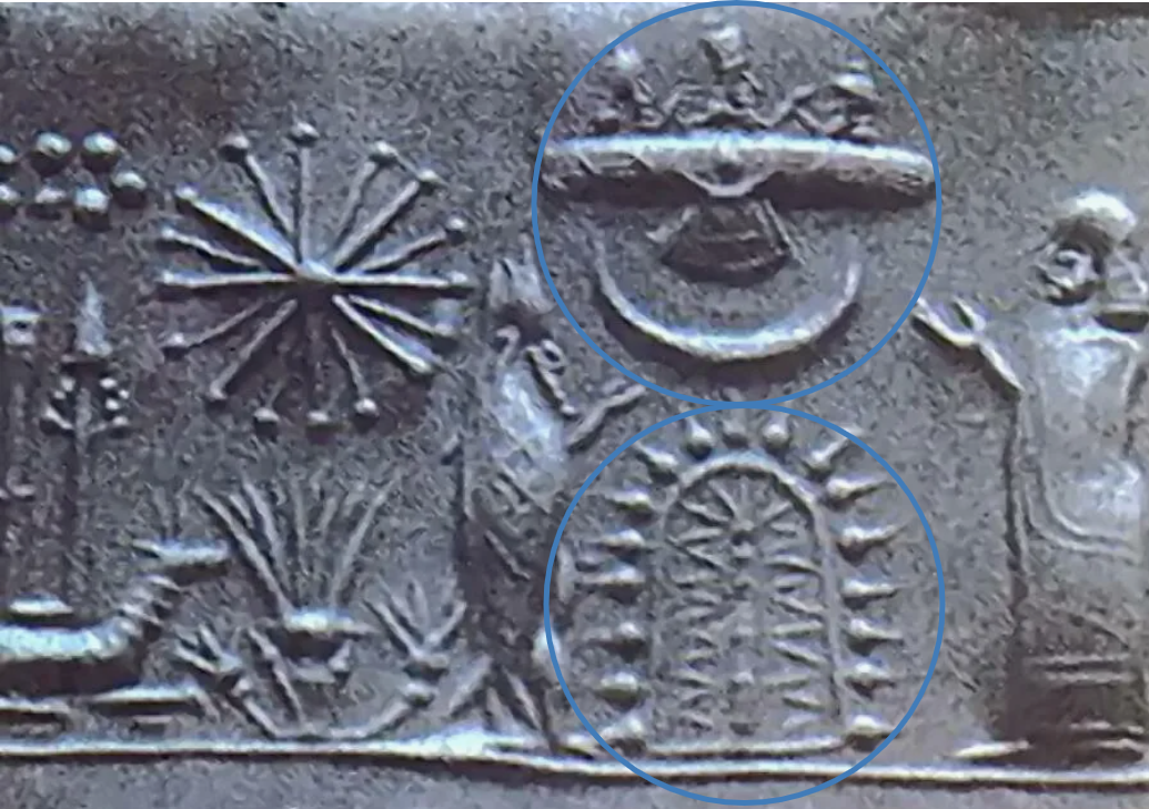 Изображение шумерских богов. Внизу, возможно, изображен портал, вверху - летательный аппарат с тремя существами. Слева от портала человек-рыба? 