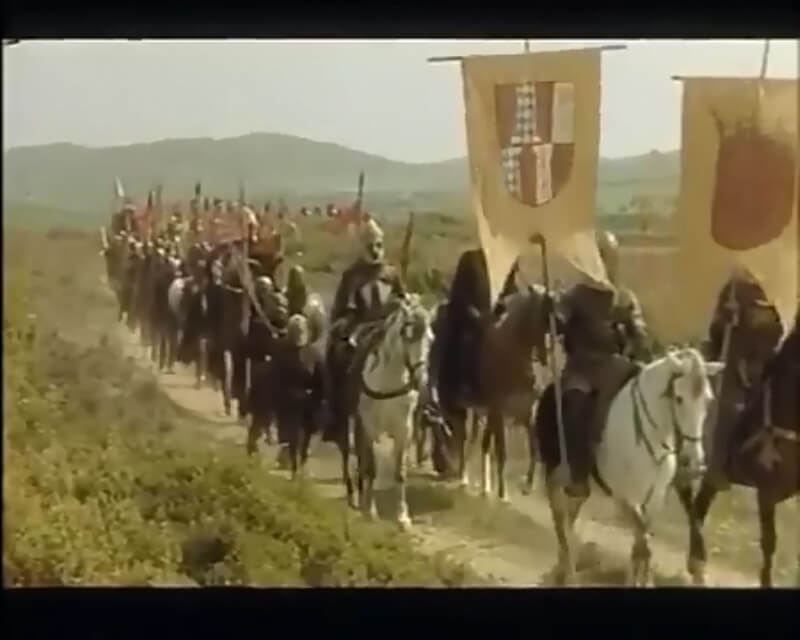 Наваррская компания на марше. Кадры из испанского кинофильма «Завоевание Албании» (La conquista de Albania), 1983 год. Режиссёр Альфонсо Унгриа