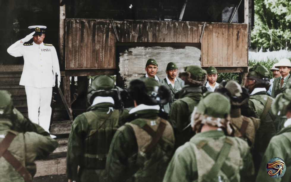 Адмирал Ямамото с инспекцией на Соломоновых островах. Одно из последних фото адмирала. Раскрашено.