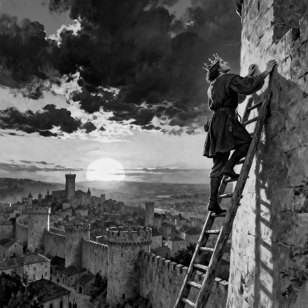 Переодетый король тайком покидает город.