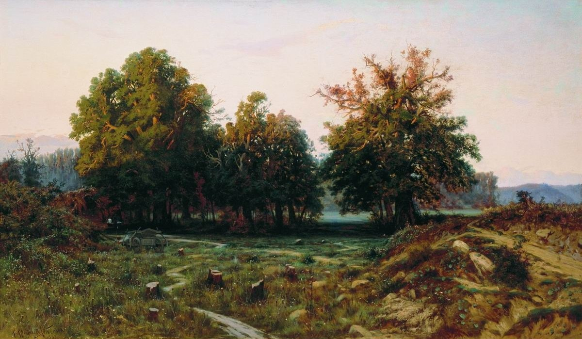 "Пейзаж с дубами. Утро", К.Я. Крыжицкий, 1883. Новгородский объединенный музей-заповедник.