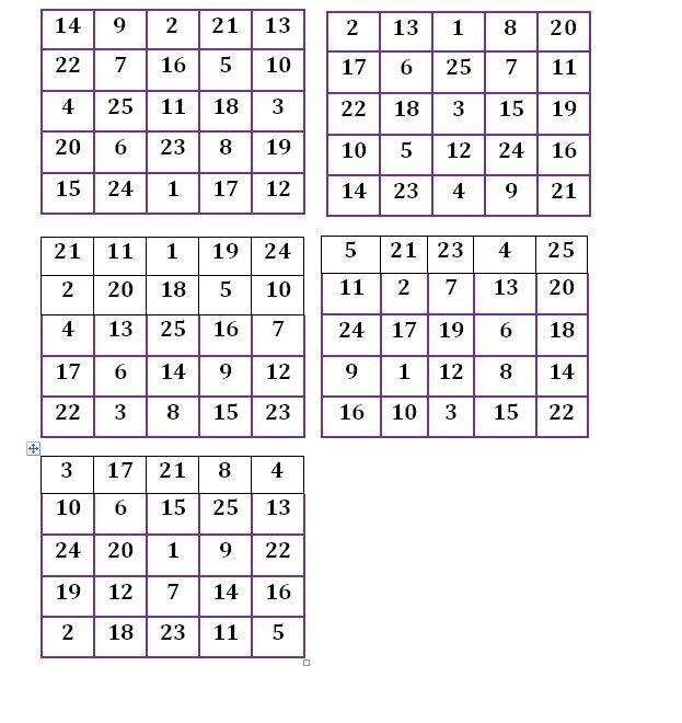 Таблицы Шульте №1,№2,№3,№4,№5. Работать с каждой попеременно.