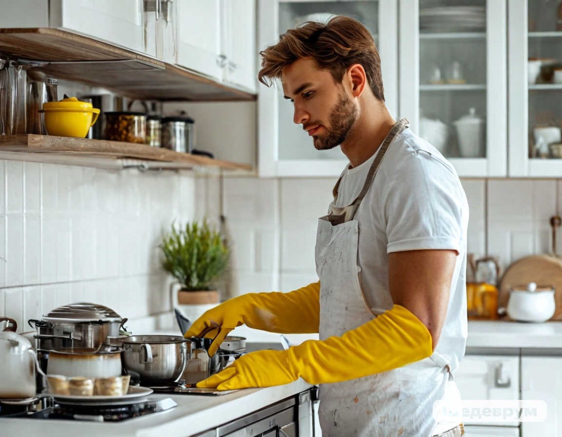 Убираться на кухне и во всей квартире надо приучать с детства, особенно мужчин