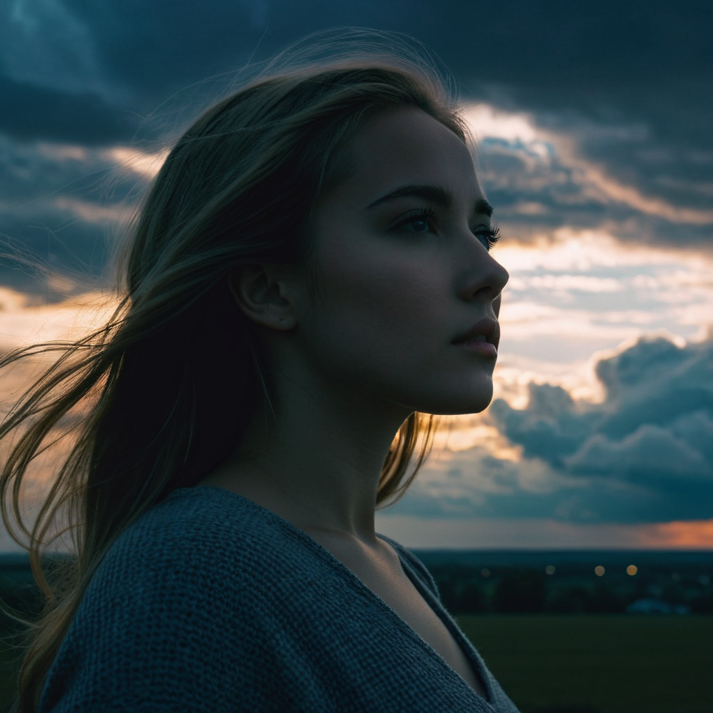 A Girl, Detailed, Dramatic Sky, Atmospheric, Cinematic
