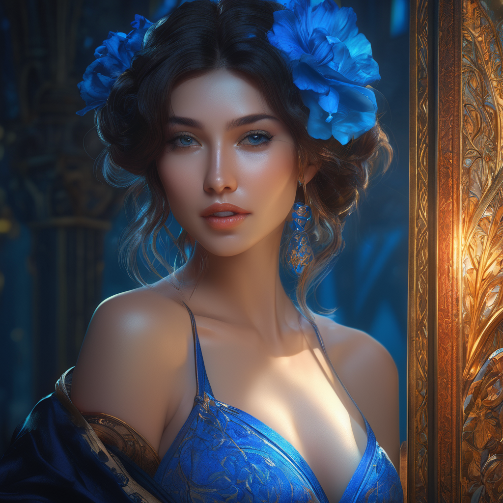 Intense blue gaze, Digital Painting, Unreal Engine, Blender Art by Artgerm and Greg Rutkowski and Alphonse Mucha