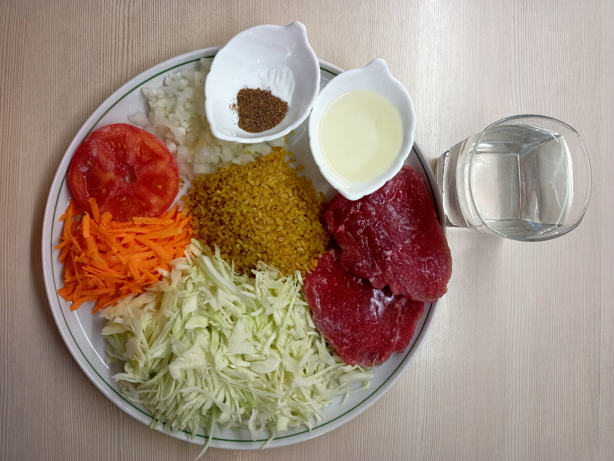 Ингридиенты для приготовления булгура с овощами и мясом 