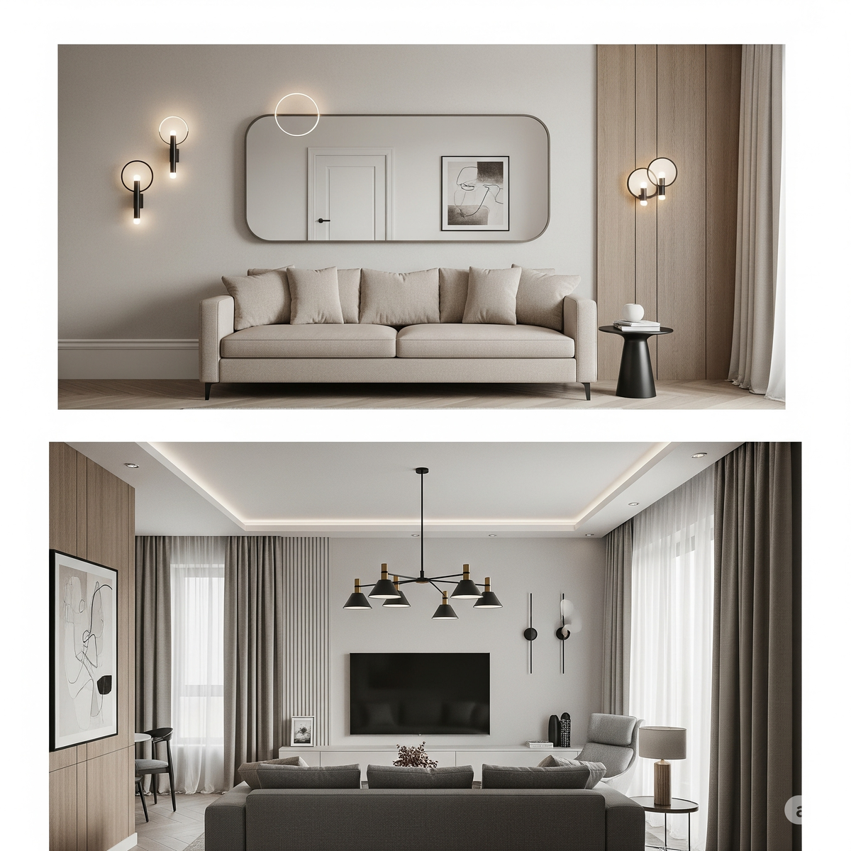 Отнотонные окрашенные стены и стеновая панель сейчас самый популярный способ выделить зону ТВ.