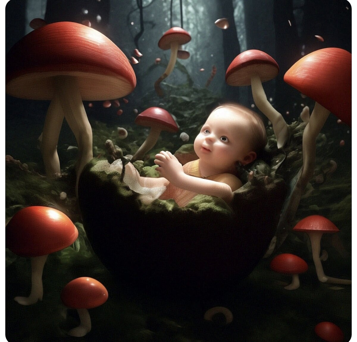 Ребенок в царстве грибов,картинка сгенерировано нейросетью.Поскольку классическое изображение стоматита Дзену не по фен-шую))