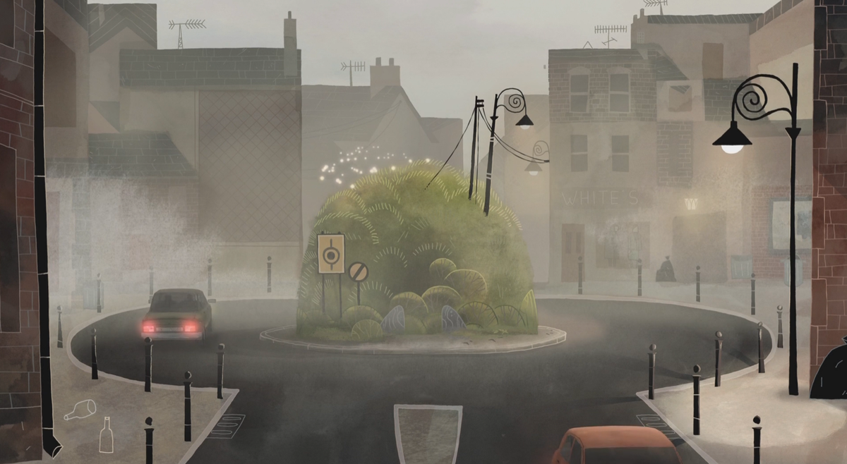 Разительное отличие формы природного объекта и окружающей его городской застройки (фрагмент мультфильма «Песнь моря»)