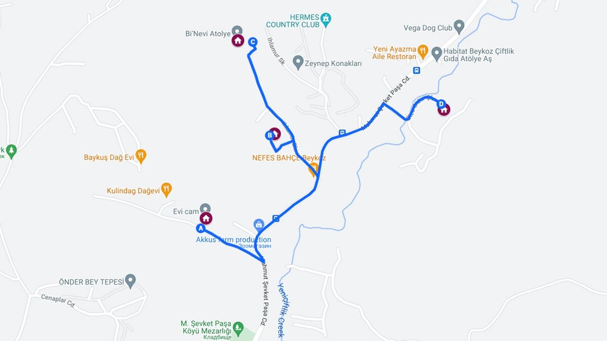 Вышеописанный маршрут на карте - всего 3 км. Построено с помощью сервиса Google карты.