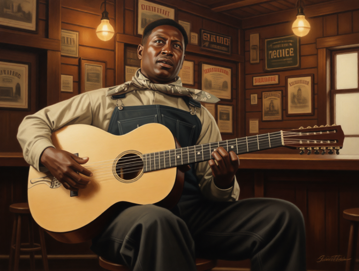 Huddie "Lead Belly" Ledbetter с гитарой. Арт.